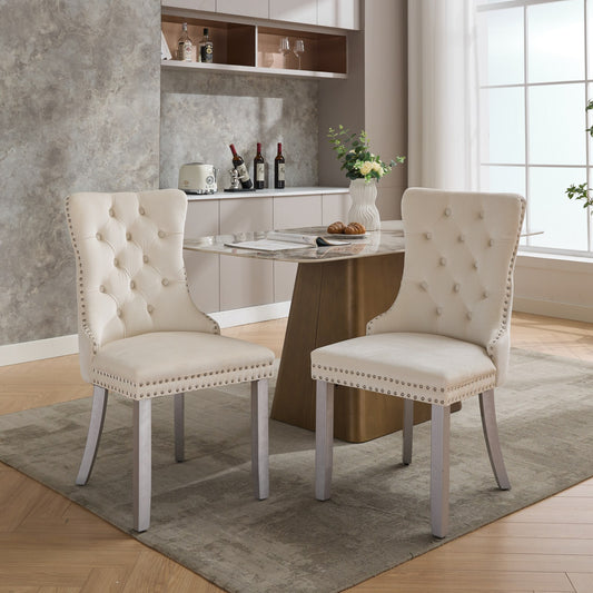 A&A Furniture, Nikki  Modern, High-end Tufted Solid Wood Contemporary Velvet Upholstered Dining Chair With Wood Legs Nailhead Trim 2-Pcs Set, Milky White