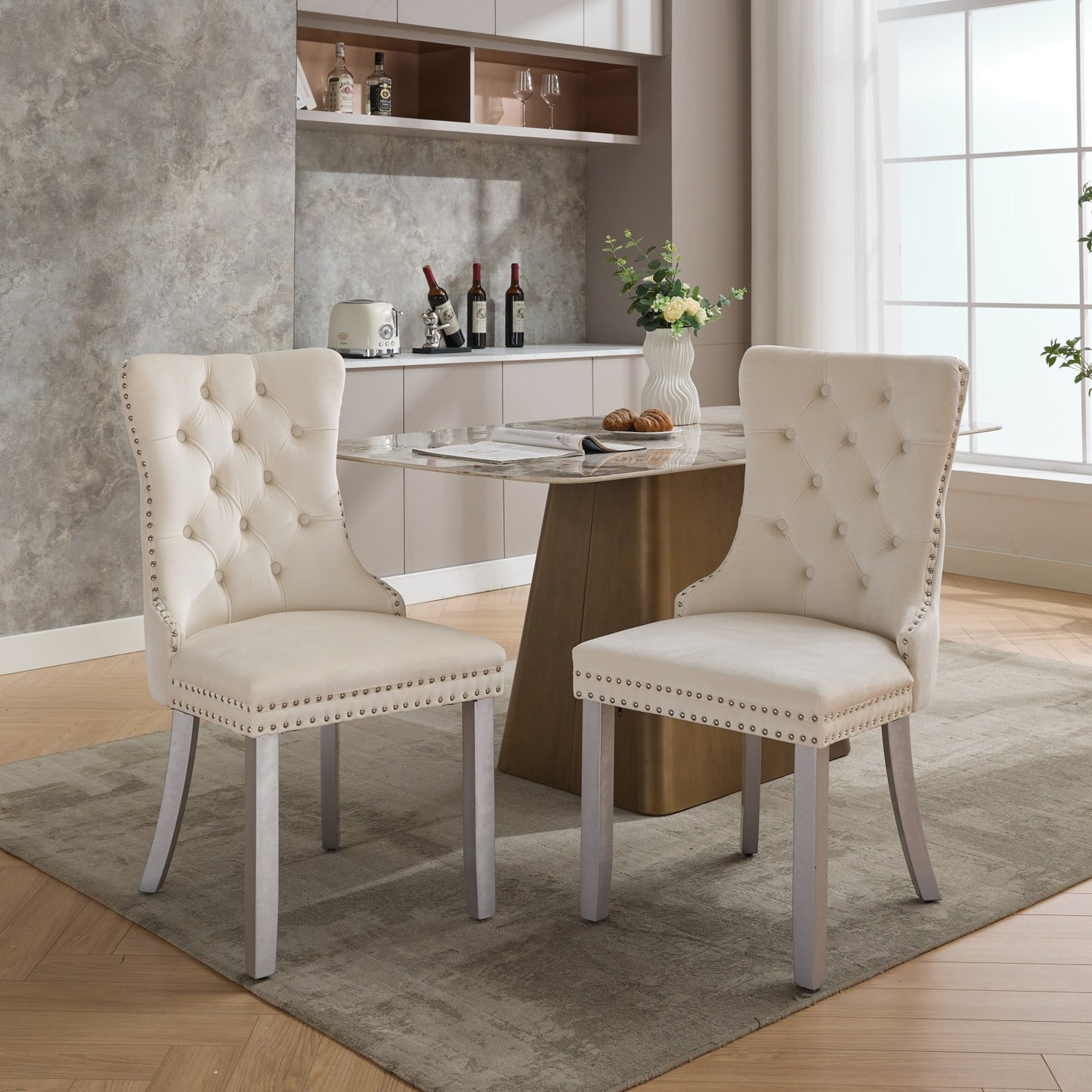 A&A Furniture, Nikki  Modern, High-end Tufted Solid Wood Contemporary Velvet Upholstered Dining Chair With Wood Legs Nailhead Trim 2-Pcs Set, Milky White