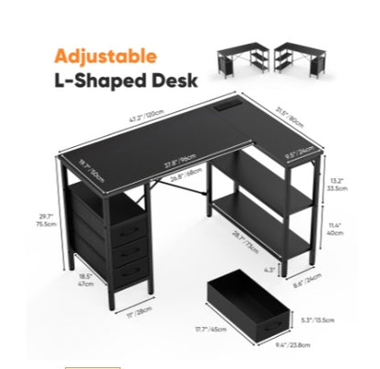 L-shaped Computer Gaming Table With Monitor Stand, 3 Drawers, USB Interface, Power Socket, Corner Workstation