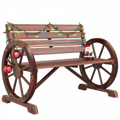 41" Wooden Wagon Wheel Bench, Rustic Outdoor Patio Weather Resistance Furniture, 2-Person Slatted Seat Bench with Backrest, Carbonized