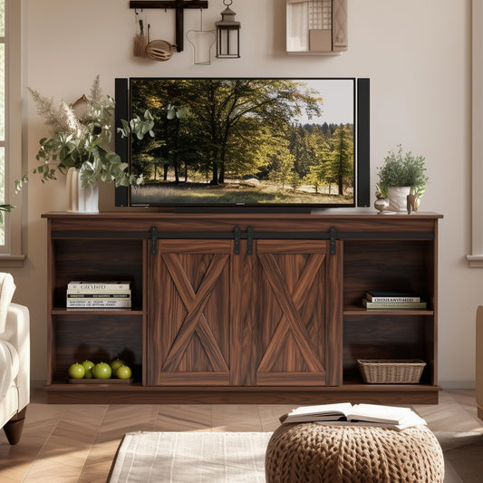 65-inch Solid Wood TV Cabinet With Double-layer Storage Space Sliding Door, Modern Living Room Furniture