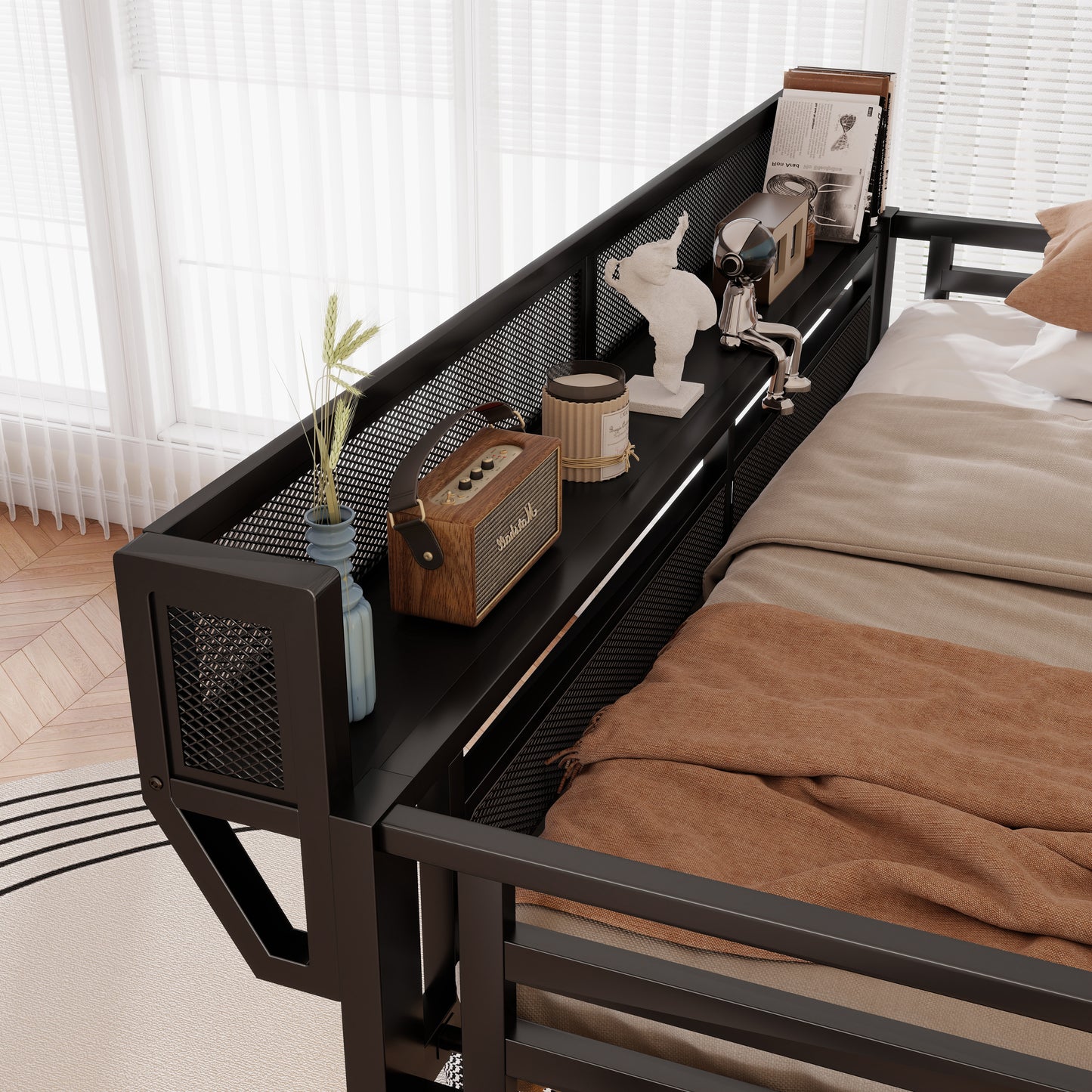 Full Size Loft Bed With Stairs, Metal Full Loft Bed With Light And Storage, High Loft Bed With Wardrobe And Storage For Kids Teens Adults, Black