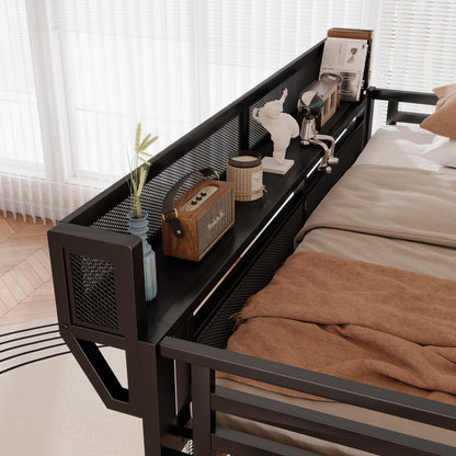 Full Size Loft Bed With Stairs, Metal Full Loft Bed With Light And Storage, High Loft Bed With Wardrobe And Storage For Kids Teens Adults, Black
