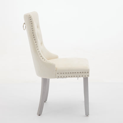 A&A Furniture, Nikki  Modern, High-end Tufted Solid Wood Contemporary Velvet Upholstered Dining Chair With Wood Legs Nailhead Trim 2-Pcs Set, Milky White