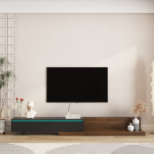 Modern Extendable TV Stand With LED Lights Wooden Entertainment Center And Media Cabinet With Storage Space, Suitable For Living Room And Bedroom Black