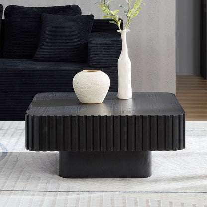 Modern 35.43 Inch Handcraft Drum Coffee Table Square Coffee Table For Living Room,Small Wooden Coffee Table With Sturdy MDF Pedesta,Black Color