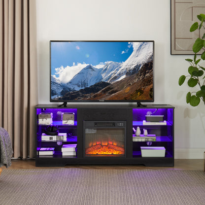 TV Stand Electric Fireplace TV Stand With Glass Shelves, 3D Fireplace TV Stand With LED Lights Wood With USB Charging Outlet Modern Television Table Center For TV Up To 32-62 Black 58Wx15.4Dx24.4