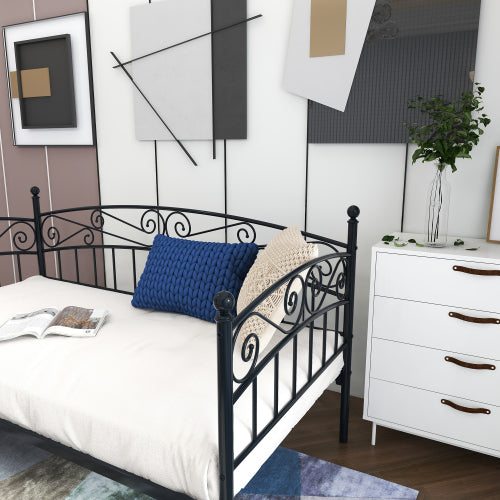 Metal Daybed Frame Multifunctional Mattress Foundation Bed Sofa With Headboard, Twin, Black