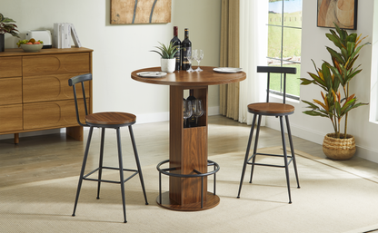 3-Piece Bar Table And Stool Set 31.5-inch Round Bar Table With Two Stools Compact Wooden Dining Bar With Metal Ring Footrest Ideal For Restaurants, Cafes, Bars, Living Rooms, And Small Spaces,Walnut