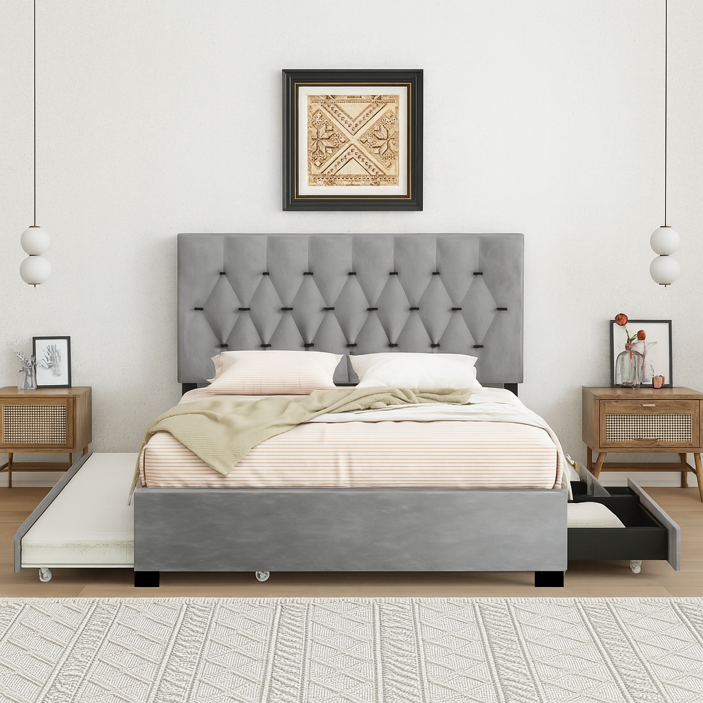 GRAY QUEEN SIZE TRUNDLE PULL OUT DRAWERS STORAGE UPHOLSTERED BED MODERN  DESIGN NO BOX SPRING REQUIRED