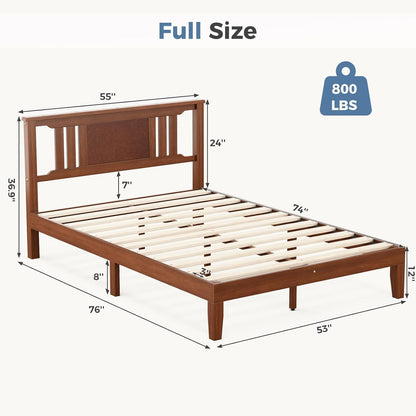 Solid Wooden Bed Frame With Headboard, Sturdy Wooden Crossbars For Support, Heavy Pine Bedroom Bed Frame