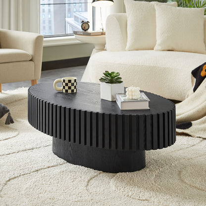 Modern Handcraft Drum Coffee Table Length 43.7 Inch Ellipse Coffee Table For Living Room,Oval Small Coffee Table With Sturdy Pedestal,Black MDF
