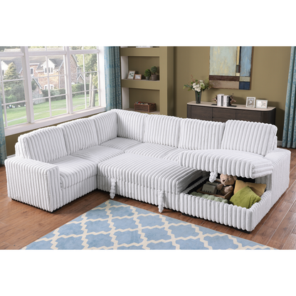 122 Inch Pull Out Couch, Rabbit Plush Fabric Sofa Bed & Comfy Upholstered, Oversized U Shape Sectional Sleeper Sofa Bed With Storage Chaise,GRAYISH WHITE