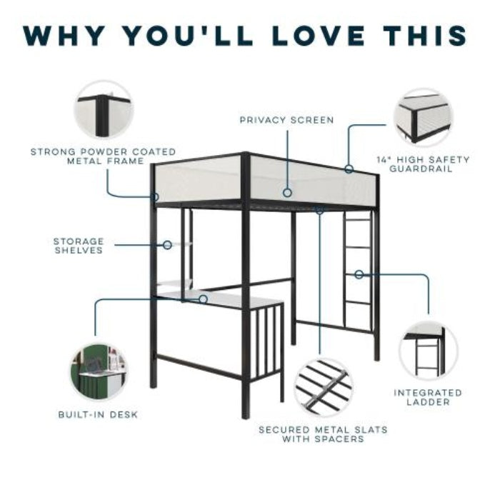 Axel Twin Loft Bed With Desk & Shelves