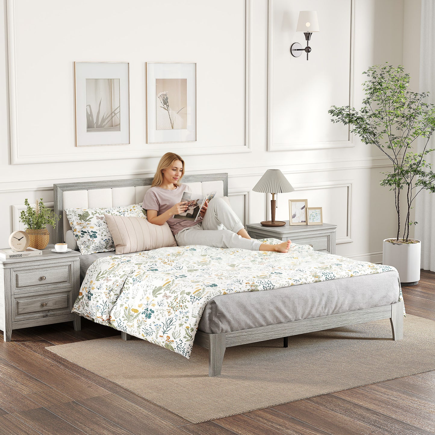 Queen Bed Frame with Headboard Queen Platform Bed Frame with Wooden Slats No Box Spring Needed Easy Assembly Gray