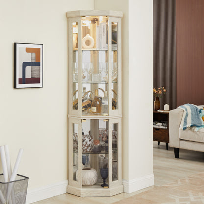 Corner Glass Cabinet Lighted Curio Cabinet Corner Display Case For Living Room, Curio Cabinet, Antique Collection, Wine,Bar Glass Storage Light Included,Dark Cherry