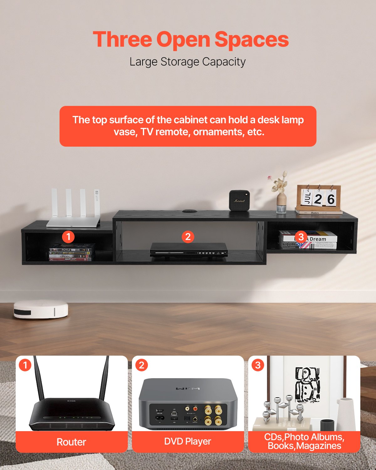 Floating TV Stand, 59" Wall Mount Entertainment Center With Power Outlet & Cable Hole, Modern Floating TV Shelf With Storage Cabinet For DVD Player, Cable Box, Game Console, TV Accessory, Black