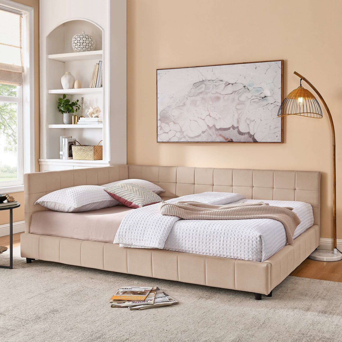 Queen Size Upholstered Tufted Bed Frame, Sofa Bed Frame With Comfortable Backrest And Armrests, Queen Size Bed For Bedroom, Living Room,Velvet, Pink 85.5x64.5x30.5