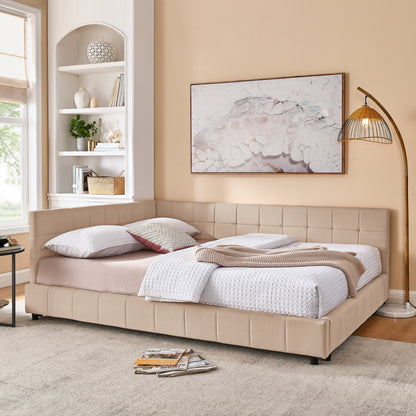 Queen Size Upholstered Tufted Bed Frame, Sofa Bed Frame With Comfortable Backrest And Armrests, Queen Size Bed For Bedroom, Living Room,Velvet, Pink 85.5x64.5x30.5