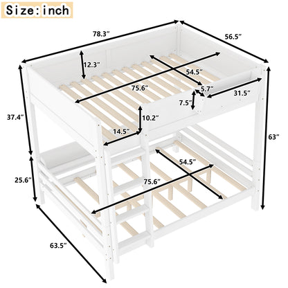 Full Bunk Bed With  Storage Shelf And Bookshelf,Wood Bunk Bed With Ladder And Guardrails,Detachable Design,White