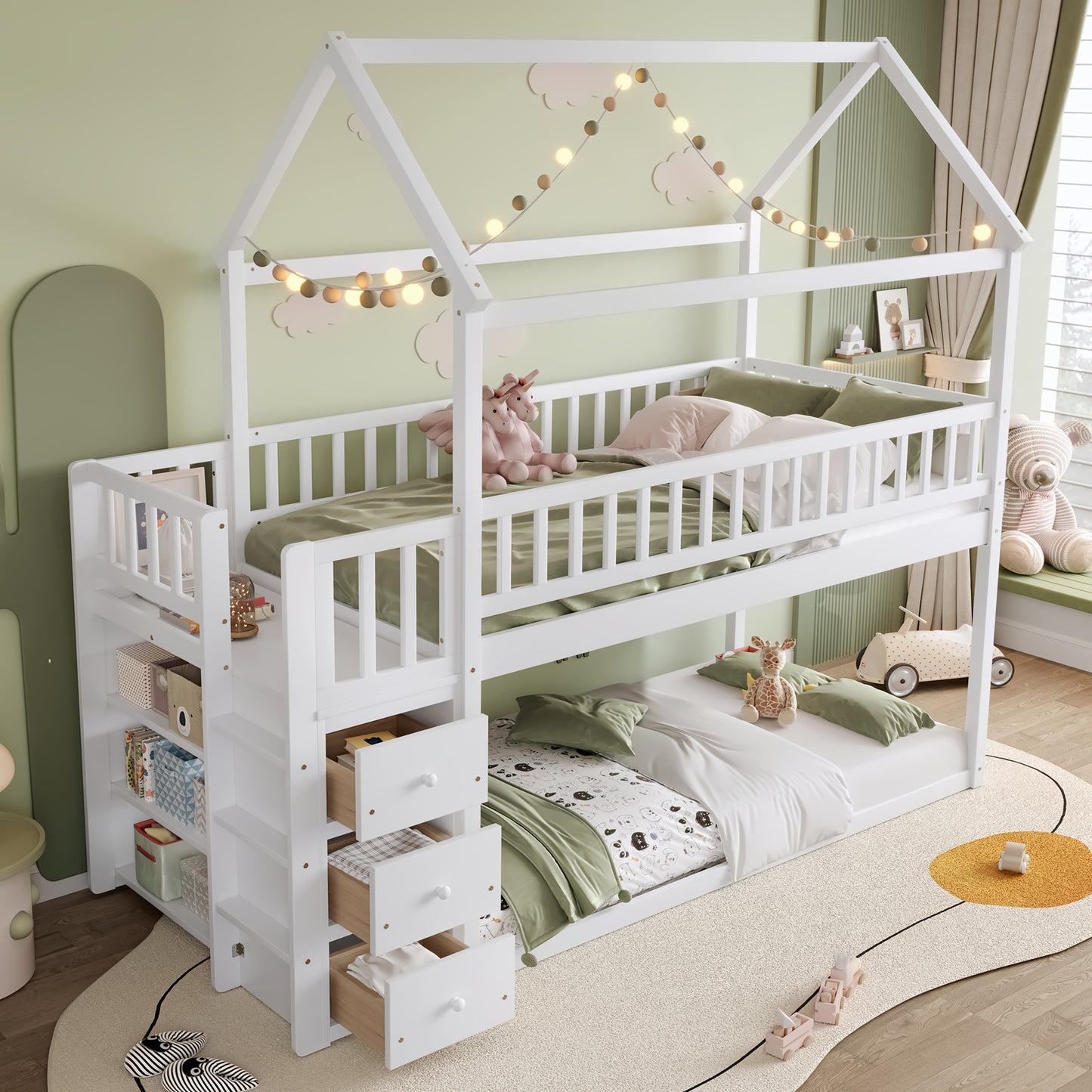 TWIN TWIN HOUSE BUNK BED WITH SHELVES AND DRAWERS FOR WHITE COLOR