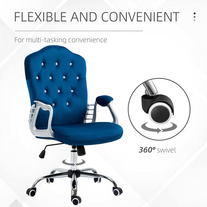 Velvet Office Chair Desk Chair with 360 Degree Swivel Wheels Adjustable Height Tilt Function Blue