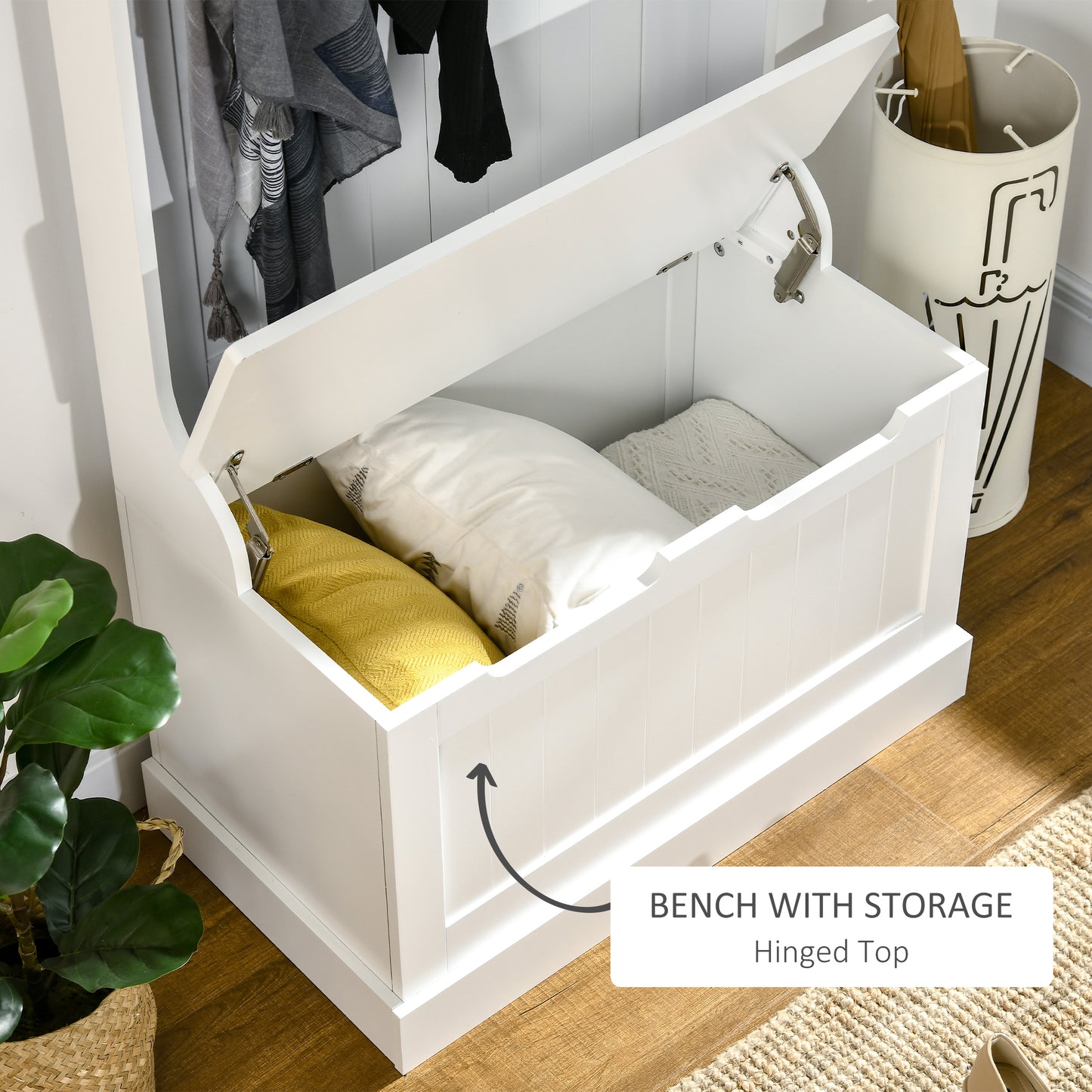 Hall Tree with Coat Rack, Storage, and Sitting Bench, White