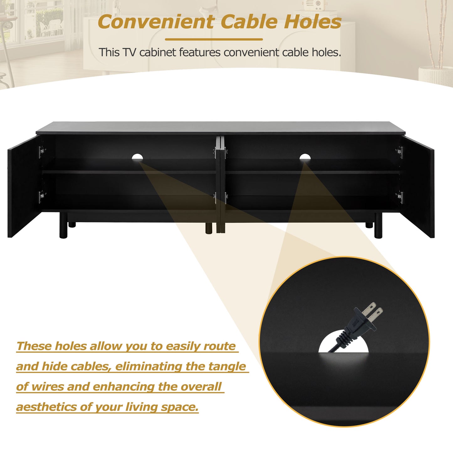 ON-TREND Graceful TV Stand With Arch Cabinets For TVs Up To 78'', Minimalist Entertainment Center With Solid Wood Legs, Practical Media Console With Adjustable Shelves For Living Room, Black