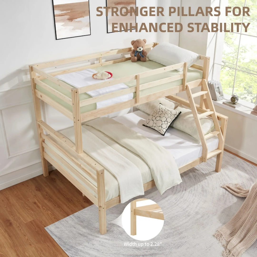 Twin Over Full Bunk Bed With Thick Posts,Wooden Bunk Bed With High Guardrail And Ladder For Kids, Teens, Dorm Rooms, And Guest Rooms,No Box Spring Needed,Natural