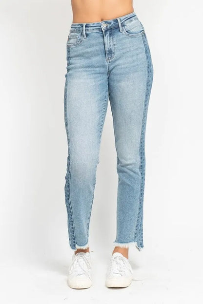 Judy Blue Full Size Vintage Wash Side Panel Detail with Fray Hem Slim Plus Size