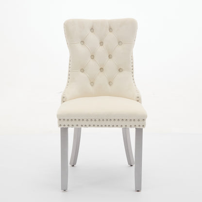 A&A Furniture, Nikki  Modern, High-end Tufted Solid Wood Contemporary Velvet Upholstered Dining Chair With Wood Legs Nailhead Trim 2-Pcs Set, Milky White