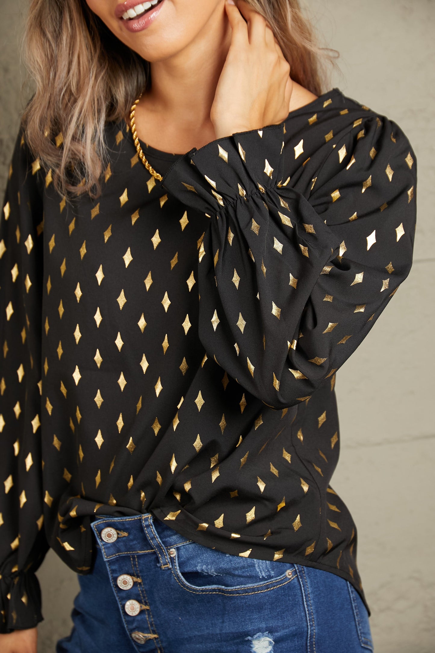 Perfee Printed Round Neck Flounce Sleeve Blouse
