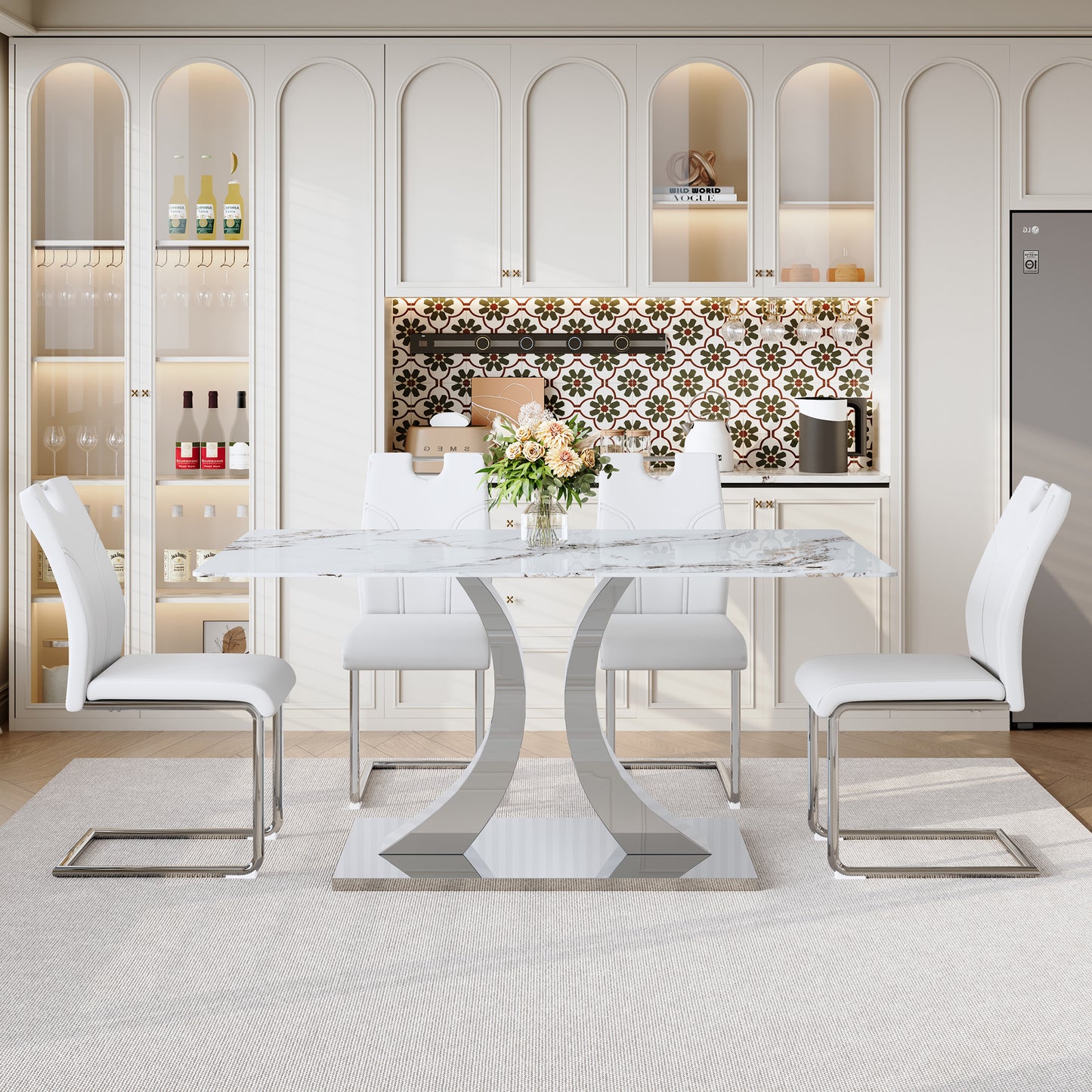 Luxury Modern 63-inch Dining Table Set With 4 Upholstered Chairs, White Tempered Glass Rock Top & Adjustable Stainless Steel Base, Convertible Table For Multiple Diners, Fashion Home Furniture
