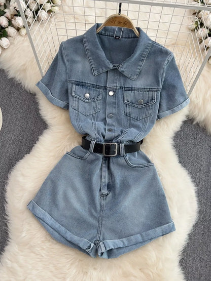 Button Front Short Sleeve Denim Romper