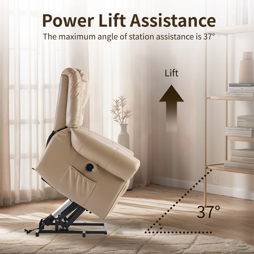 Power Lift Recliner Chair With Massage & Heat, Single Motor Lift Chair, Breathable PU Faux Leather, USB & Type-C, Side Pockets, Light Brown