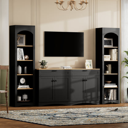 ON-TREND 3-Piece Farmhouse Entertainment Center With Storage Cabinet For TVs Up To 70, Mid-Century TV Stand With Bookshelf, Rustic Versatile Sideboard With Adjustable Shelves For Living Room, Black