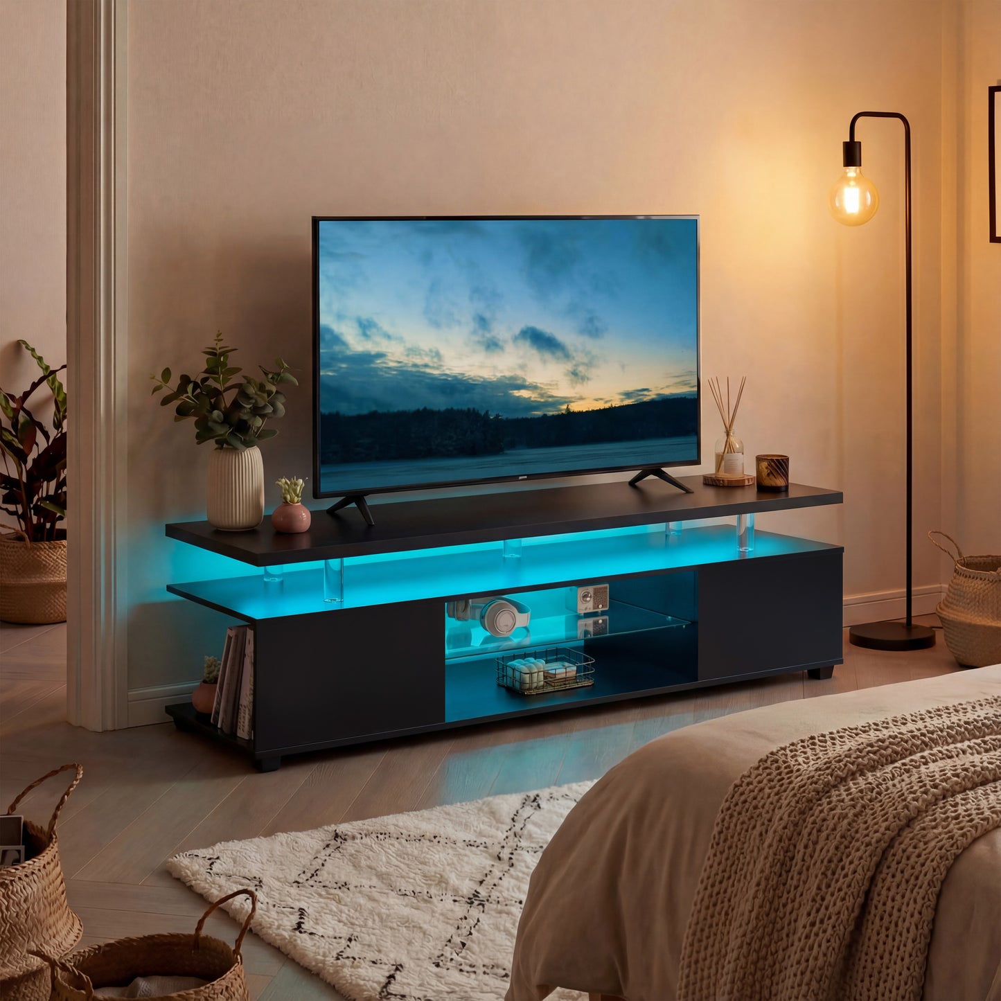 TV Stand For 70 Inch TV LED Gaming Entertainment Center Media Storage Console Table With Large Side Cabinet For Living Room Black