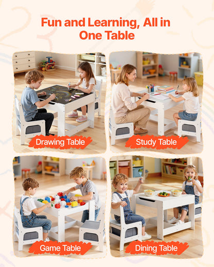 Kids Table And 2 Chairs Set, Toddler Table And Chair Set With Storage Space Under The Table, Cloth Storage Box Under The Chairs, Wooden Desk For Art, Craft, Reading, Learning, Drawing, White
