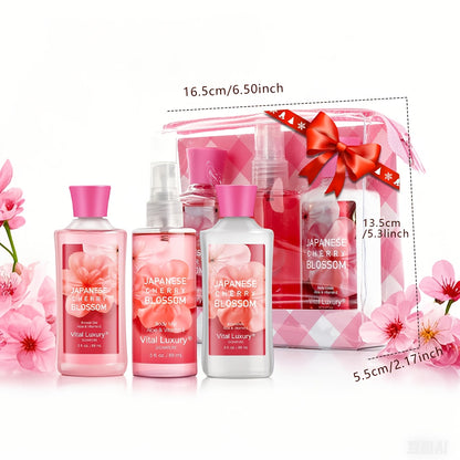 3-piece Set Japanese Cherry Blossom Spa Set With Natural Extracts-Shower Gel, Body Lotion, Body Mist, Bath And Body Gift Set For Women And Girls,  Body Care Travel Set For Birthday Mother's Day Gifts
