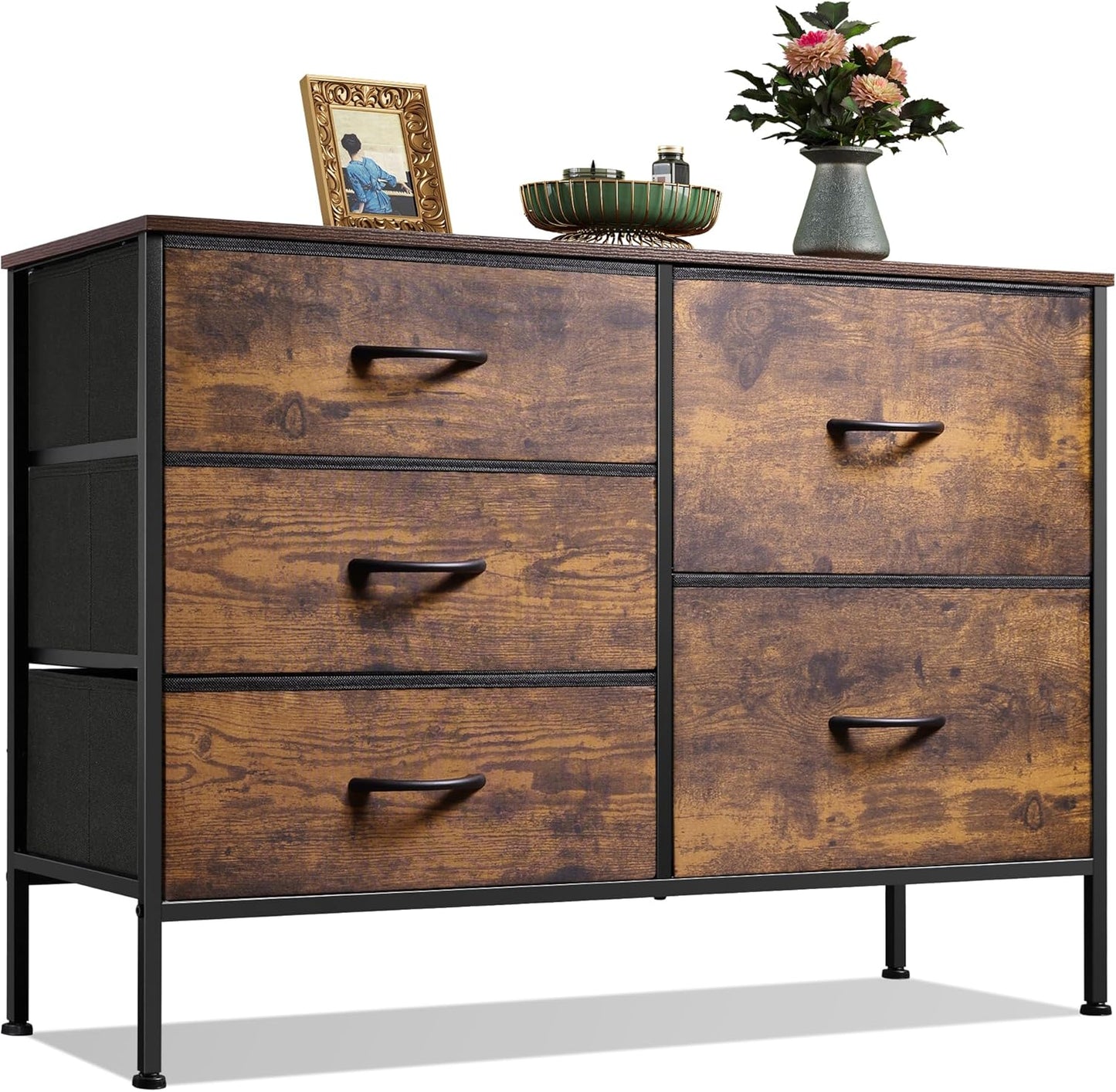 5 Drawer Dresser For Bedroom, Drawers With Wooden Top Metal Frame