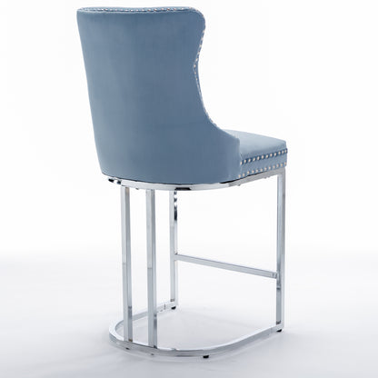 26  Counter Height Bar Stools Set Of 2, Modern Velvet Barstools With Button Back&Rivet Trim Upholstered Kitchen Island Chairs With Sturdy Chromed Metal Base Legs Farmhouse Bar Stools,Light Blue,2 Pack