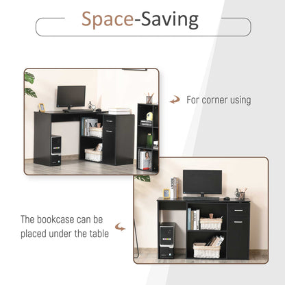 L Shaped Computer Desk, 180° Rotating Corner Desk with Storage Shelves, Drawer and Cabinet, Study Workstation for Home Office, Black