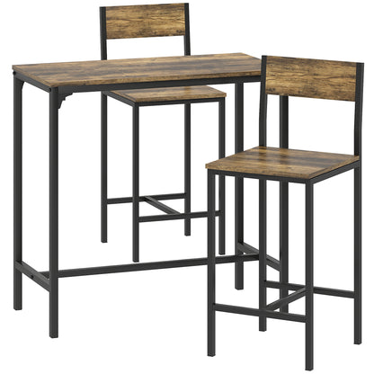 3-Piece Bar Table Set With 2 Stools, Industrial Breakfast Bar Set With Footrest, Backrest For Dining Room, Small Space