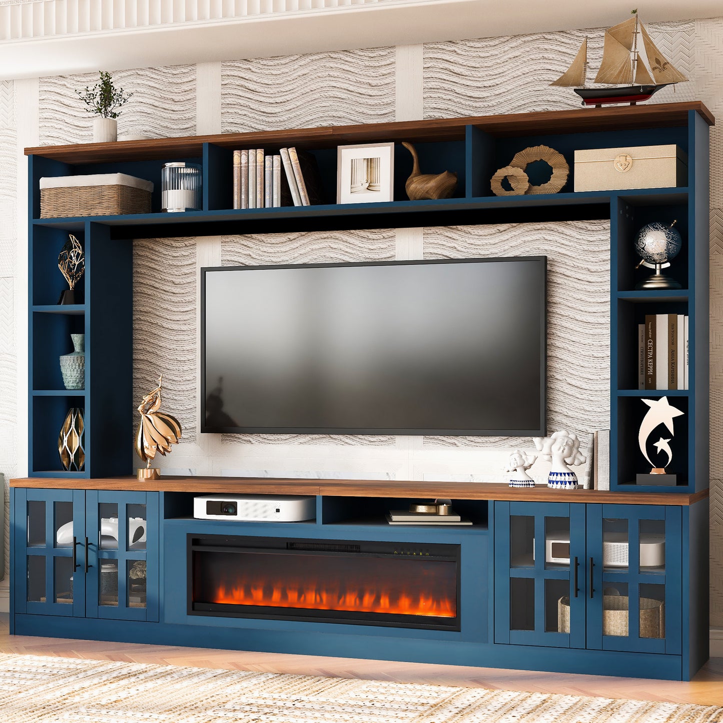 U-Can 95.5 W Wall Unit Entertainment Center With Bookshelves For TVs Up To 80, Modern TV Stand Media Console With Electric Fireplace  Cabinets,  And Adjustable Shelves For Living Room