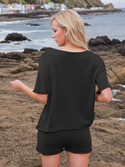 Round Neck Short Sleeve Top and Shorts Sweater Set