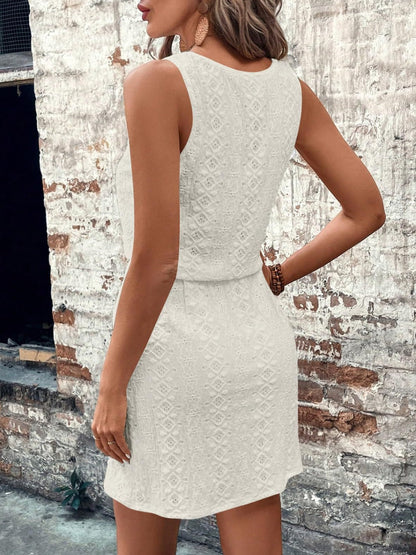 Eyelet Drawstring Round Neck Sleeveless Dress