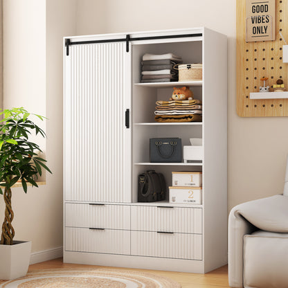 Tall Bedroom Armoire Wardrobe Closet Clothing Storage Cabinet With Hanging Rod Barn Door Drawers Open Shelves,White