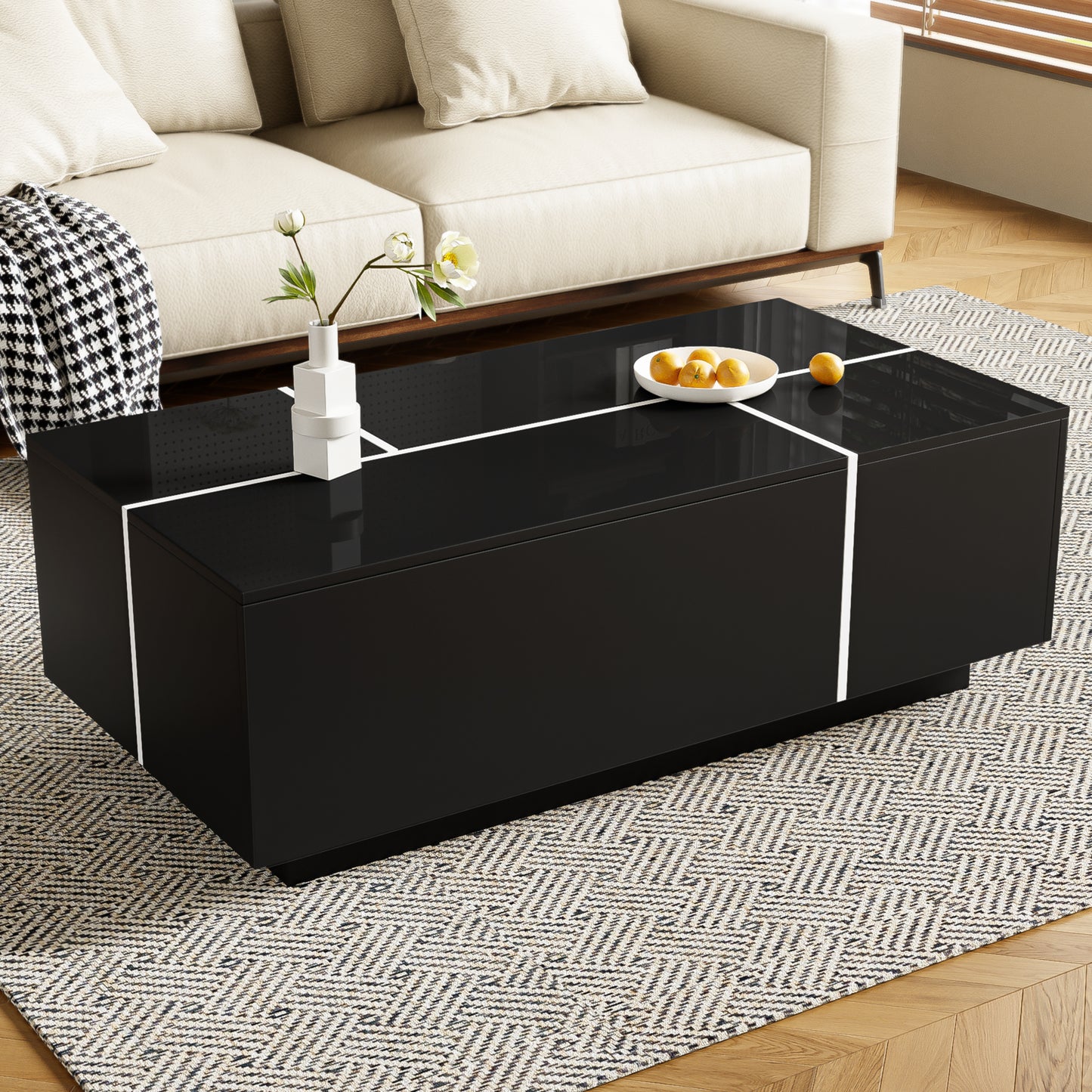 U-Can 47.2 -72.7  Extendable Coffee Table, Multi-Functional Coffee Table With High-Gloss Finish, Coffee Table With 2 Hidden Storage Space And 2 Drawers For Living Room