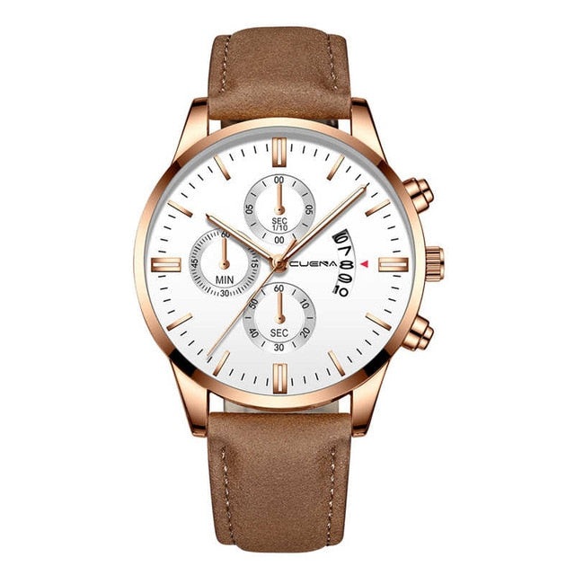 CUENA Fashion Men's Stainless Steel Watch Leather Band Analog Quartz Wrist Watch