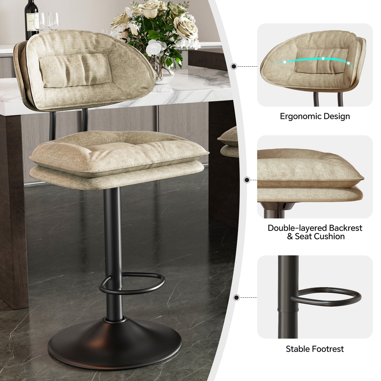 Modern Bar Stools Set Of 2, Double-Layer Adjustable Bar Stools With Back, Ergonomic Upholstered Fabric Swivel Barstools For Kitchen Island